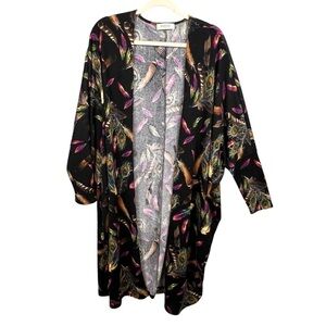 Peach Love California Womens Sz Medium Kimono Long Feather Print Open Front